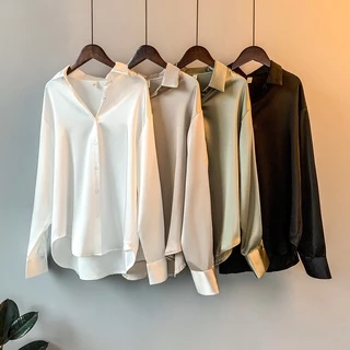 MM001 เสื้อเชิ้ตใส่ทำงาน เสื้้อเชิ๊ตสีดำ แขนยาวผ้าซาติน สไตล์เกาหลี ใส่ทำงาน สำหรับผู้หญิง