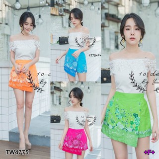 TW4775 Set 2 ชิ้น เสื้อเปิดไหล่+กางเกงกระโปรงทรงป้าย