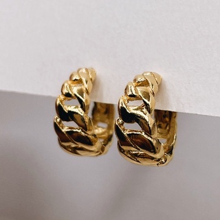 Chunky Curb Chain Huggies, 18K Gold Plated Sterling Silver Earrings E0138 | เงินแท้ 925 ชุบทองเเท้ 18 กะรัต