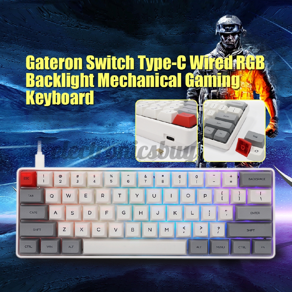61Keys NKRO Gateron Switch USB Type-C Ergonomic Mechanical Gaming ...