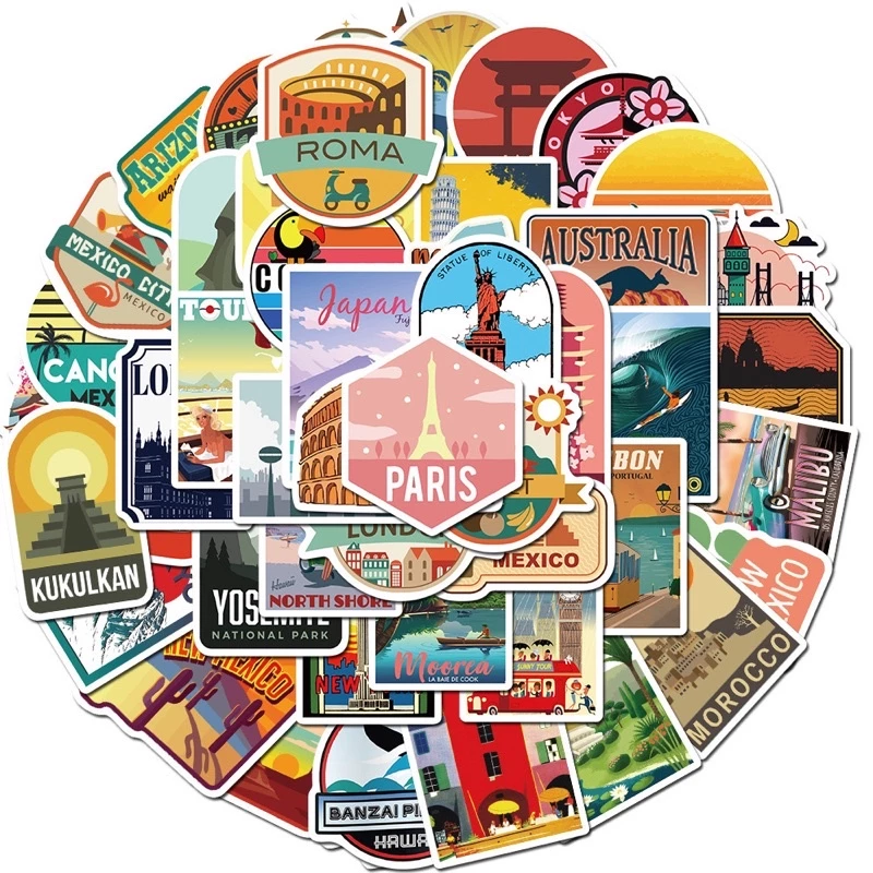 สติ๊กเกอร์ Travel 115 ท่องเที่ยว 50 ชิ้น เดินทาง แคมป์ปิ้ง