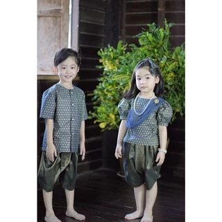 ชุดไทยเด็กชาย ผ้าค้อตต้อนสีกรมท่า โจงสีเขียว