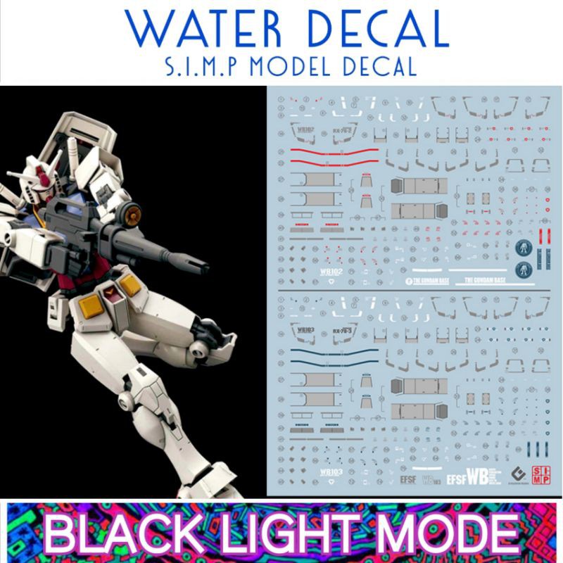Water Decal HG 1/144 Rx-78-2 Gundam Beyond Global &amp; GBT ยี่ห่อ S.I.M.P. Model Decal ( เรืองแสงในแสงแบล็คไลท์ )​
