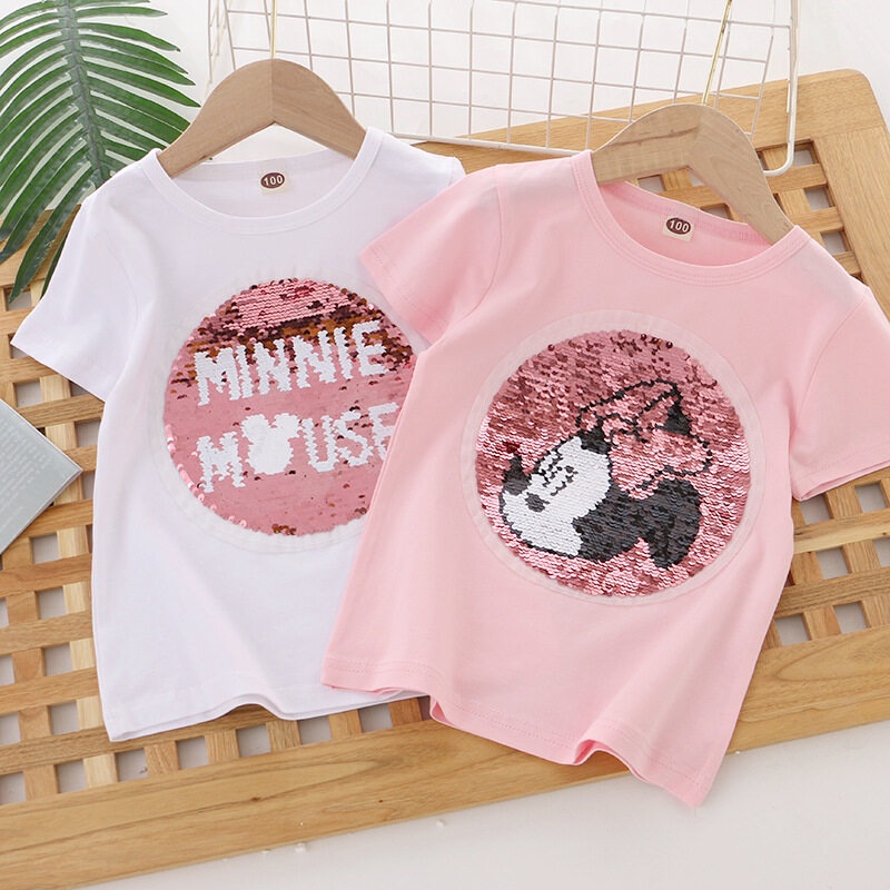 เสื้อยืดคอกลม แขนสั้น ผ้าฝ้าย ประดับเลื่อม ลายการ์ตูน แฟชั่นฤดูร้อน สําหรับเด็กผู้หญิง