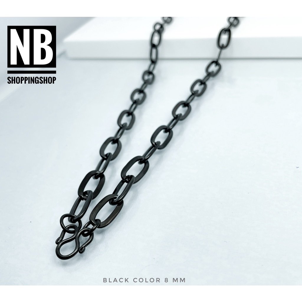 B-679 สร้อยคอสแตนเลสแท้ ลายโซ่รีด เงา สีดำ ขนาด วงกว้าง8mm 23-25-27นิ้ว  สร้อยพระ สแตนเลสแท้ ไม่ลอก ไม่ขึ้นสนิม
