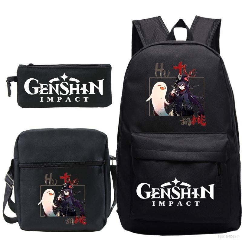 Genshin Impact Hu Tao กระเป๋าสะพายหลัง กระนักเรียน าสะพายไหล่ กระเป๋าดินสอ สามชิ้น