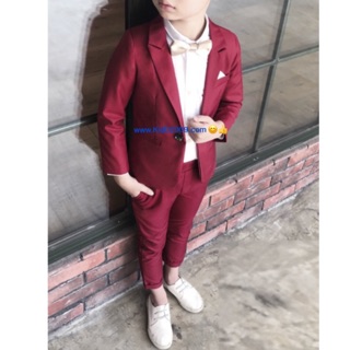 Boy Suit ชุดสูทเด็ก ครบเซท 3 ชิ้นสีแดง Wine Red เสื้อสูท+กางเกง+เสื้อเชิ้ต ใส่สวย ขนาด 7,9,11,13,15 (2-9 ปี)