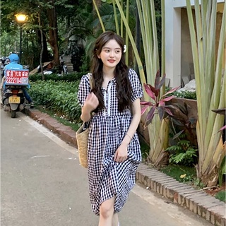 พร้อมส่ง 🥦 Yuki dress เดรสแขนสั้นตัวยาวลายตารางสีเข้มสวยมาก (37010)