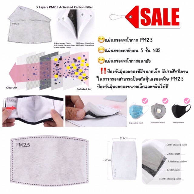💥สินค้าพร้อมส่ง💥แผ่นกรองอากาศคาร์บอน 5ชั้นN95