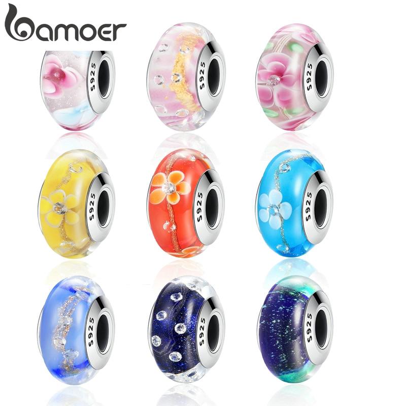 BAMOER 14 Style European Pattern Murano Glass Charm Beads fit Women Bracelets &amp; Bangles 925 Sterling Silver