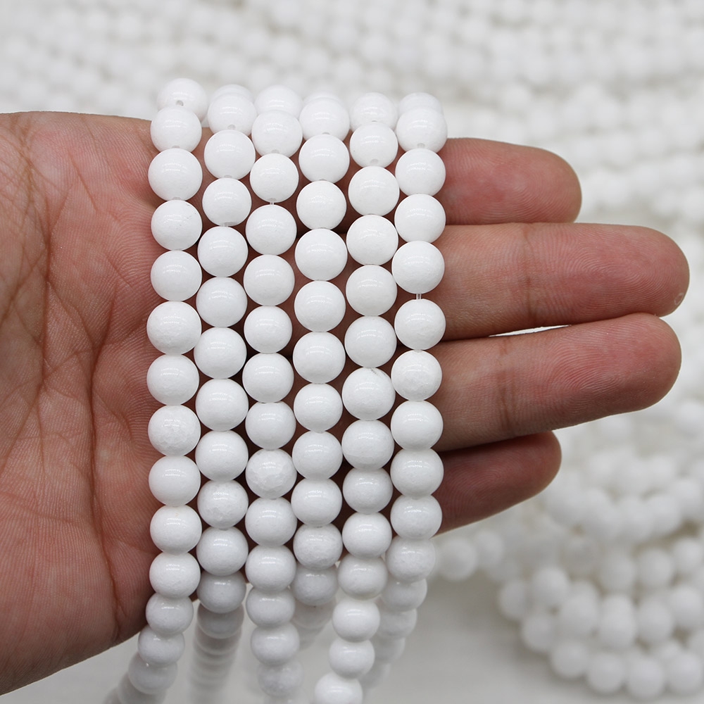 หินธรรมชาติสีขาวลูกปัดกลมสำหรับทำเครื่องประดับ DIY สร้อยคอสร้อยข้อมือ (1 สาย/ชุด 4 6 8 10 12 มม.)