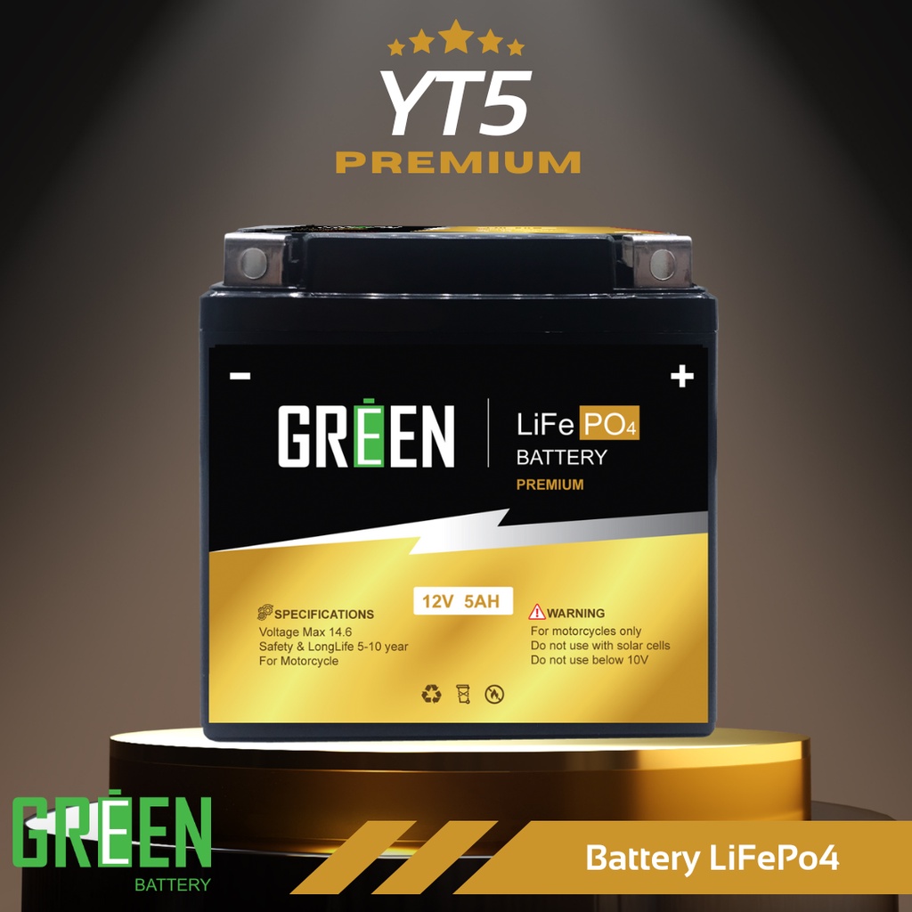 YT5 (12V 5Ah) Premium 26650 (A123) แบตเตอรี่มอเตอร์ไซค์ LiFePo4 แบตเตอรี่ลิเธียมฟอสเฟต Green battery พรีเมี่ยม