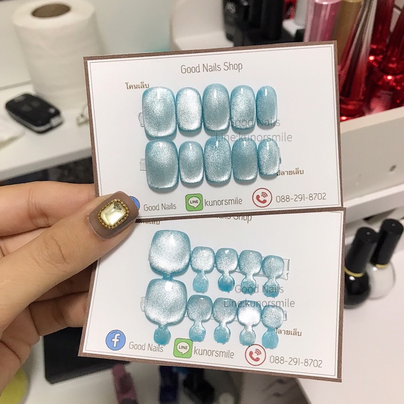 เล็บปลอมเจล ลูกแก้วสีฟ้าอ่อน มีสีให้เลือก90สี /เล็บเจลสำเร็จรูปPVC