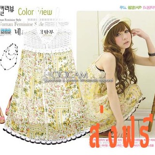 CLEARANCE! เดรสวินเทจผ้าชีฟอง พิมพ์ลาย แต่งลูกไม้สีขาว e56 dress