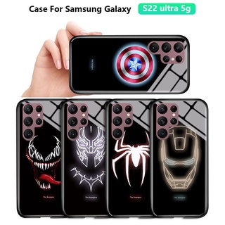 สําหรับ Samsung Galaxy S22 Ultra 5G S22 Plus S22 5Gเคสโทรศัพท์มือถือกระจกนิรภัย ลายไอรอนแมน สไปเดอร์แมน มาร์เวล เรืองแสง