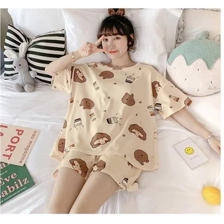 ชุดนอน ชุดนอนคอกลม แขนขาสั้น ผ้าคอตตอน ผ้านิ่ม ใส่สบาย