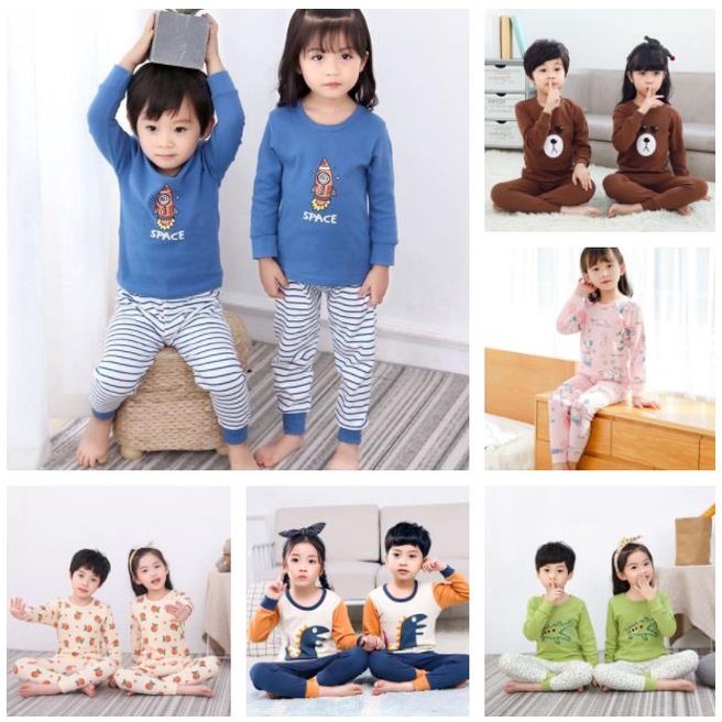 2-15years ชุดนอนเด็กผ้าฝ้าย 100% Dino Bear เด็กผู้หญิงแขนยาว Baju Tidur เด็ก Sleep Wear ชุด