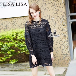 elegance black lace puffed long sleeve dress code1858