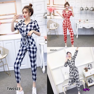 J6923 Jumpsuit จั๊มสูท ลายสก็อต มีฮู้ดแต่งจั้มขากางเกง