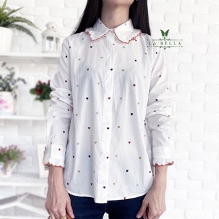 👕เสื้อเชิ๊ตคอปก ผ้า Cotton งานปักทั้งชุดลายหัวใจน่ารักมาก ❗️Kerry free