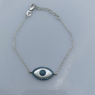 Silver thai Jewelry BEAUTIFUL EVIL EYE WITH BLUE CUBIC ZIRCON STONE STERLING SILVER BRACELETสร้อยข้อมือลูกปัดเงินแท้925