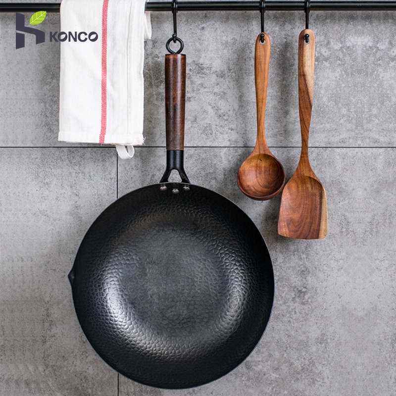 ﺴKonco Iron Woks Chinese Traditional Stir Fry Pans Handmade Iron Pot Non-Stick Pan Cast Iron Pot Suitable for induction