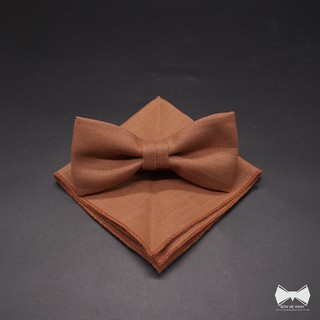 เซ็ทหูกระต่ายลินินน้ำตาลชาเย็น + ผ้าเช็ดหน้าสูทวูล-Linen Brown Bowtie + Wool Pocket square