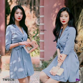 TW5536  เดรสคอปกผูกโบว์ เดรสคอปก  แขนยาว 5 ส่วน สีพื้นเรียบ เนื้อผ้าซาร่า มีเชือกผูกโบว์ที่เอว ชายกระโปรงผ่าหน้าเย็บติด