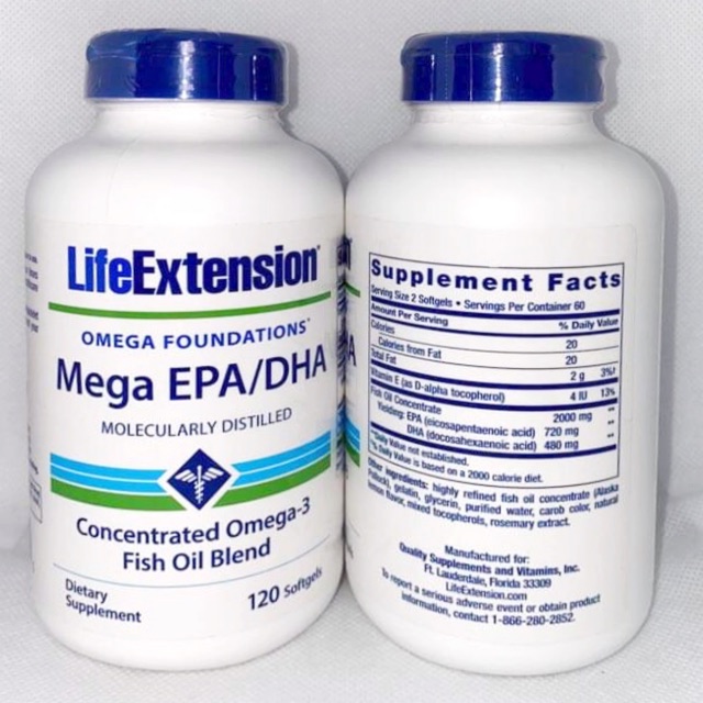 Life Extension, Mega EPA/DHA Concentrated Omega3 Fish oil 120 softgels
