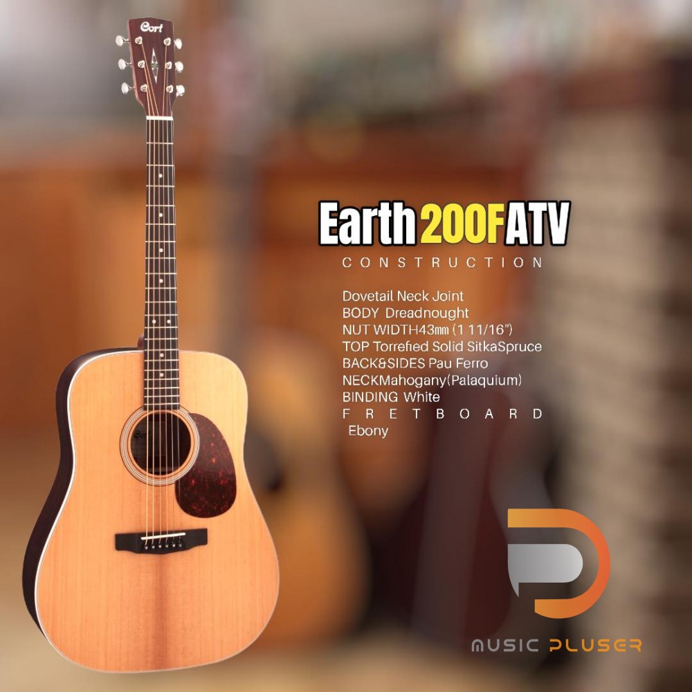 Cort Earth 200F ATVกีตาร์ทรงDreadnoughtมาพร้อมFishman® sonitone Torrefied solid Sitka spruce ด้านบน 