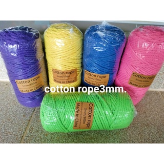 Cotton Rope 3มิล100ม. เชือกคอตตอนตีเกีลยวใช้มัดและถักได้นุ่มมือ  มี27สี