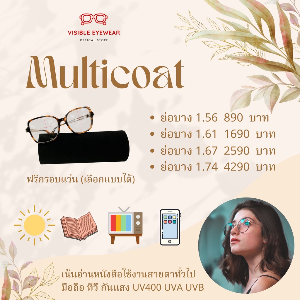 VISIBLE EYEWEAR ตัดแว่นสายตาเลนส์มัลติโค้ท (ฟรีกรอบแว่น) เลนส์ย่อบาง 1.61 1.67 1.74