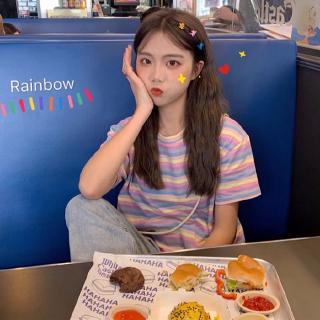 เสื้อยืดลายสายรุ้งของผู้หญิงเกาหลีหลวม Rainbow T-shirt Women