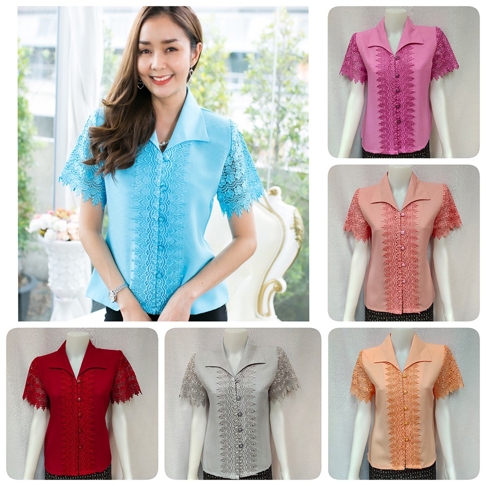 🚛ส่งฟรี☑️(มีหลายสีค่ะ)​ เสื้อคนแก่แขนสั้นแต่งลูกไม้สาปหน้าและปลายแขน เป็นเสื้อสำหรับผู้สูงวัย60-70ปี