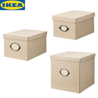 IKEA KVARNVIK ควอร์นวีค กล่องเก็บของพร้อมฝา, เบจ มี3ขนาด กล่องเก็บของที่เห็นแล้วชวนให้นึกถึงกล่องเก็บของสมัยก่อน