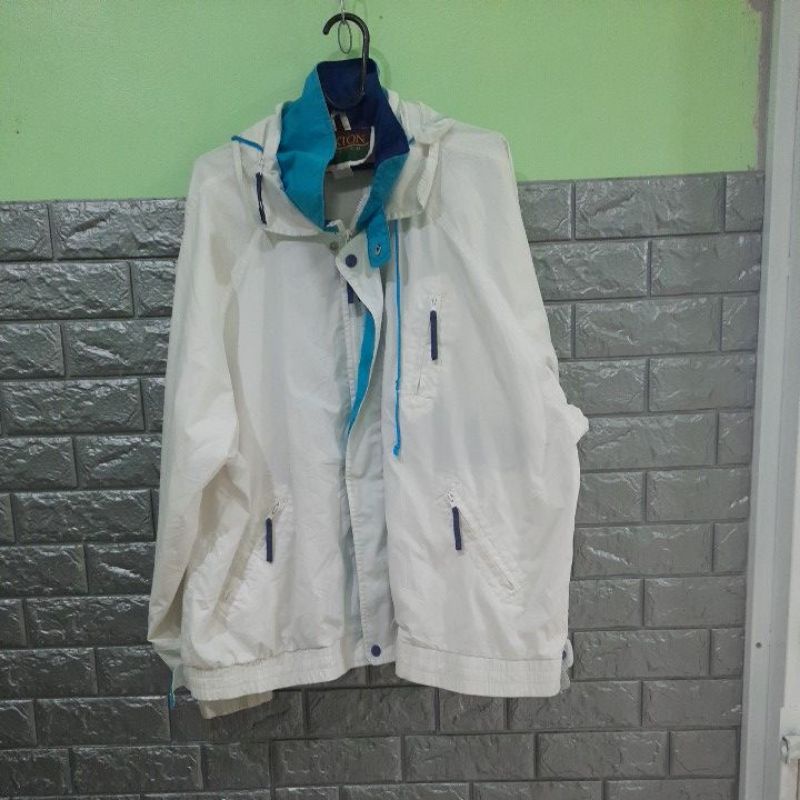 เสื้อแจ็คเก็ตผ้าร่มสีขาวแขนยาวมีซับในมีฮู๊ดXL