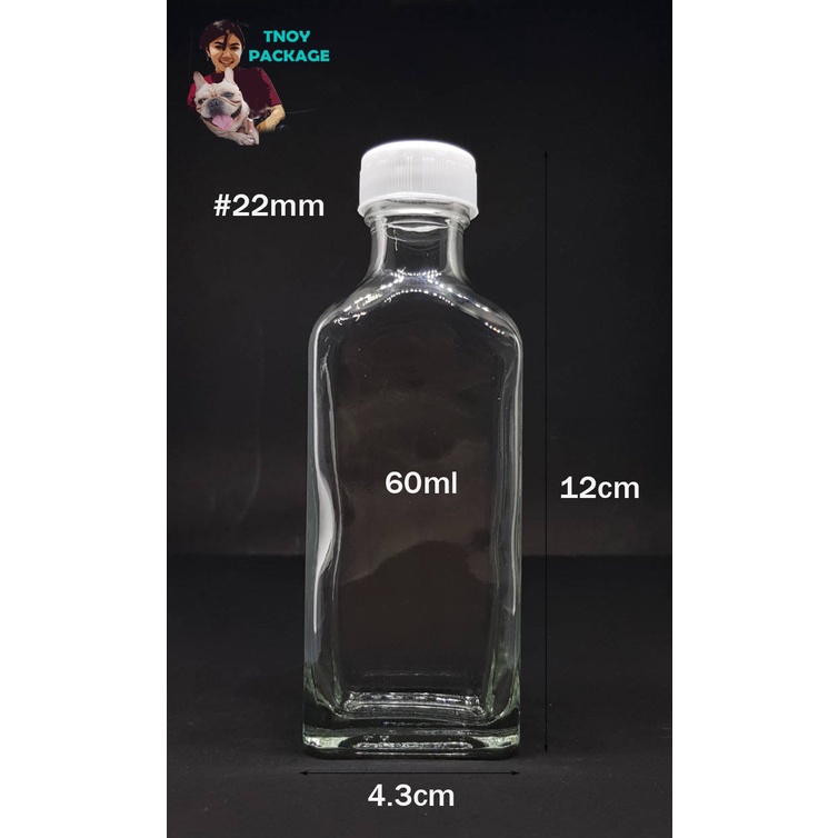 ขวด 60 มล. (12ใบ) ขวดแก้วแบน 60ml ขวดแก้ว ขวดใสแบนขนาด 60cc + ฝาโลหะ ฝาพลาสติก