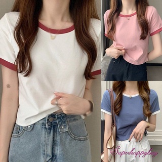 เสื้อยืดคอกลม แขนสั้น สีตัดกัน แฟชั่นฤดูใบไม้ผลิ และฤดูร้อน สําหรับผู้หญิง