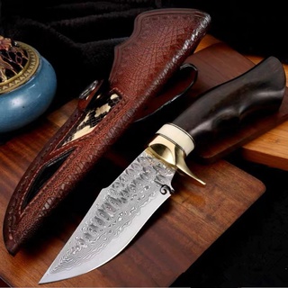 ีมีดใบตาย (fixed blade knife) มีดพก มีดเดินป่า มีแคมป์ เหล็ก Damascus ใบ 4.5 นิ้ว ด้ามไม้แท้ (ebony) พร้อมซองหนังอย่างดี