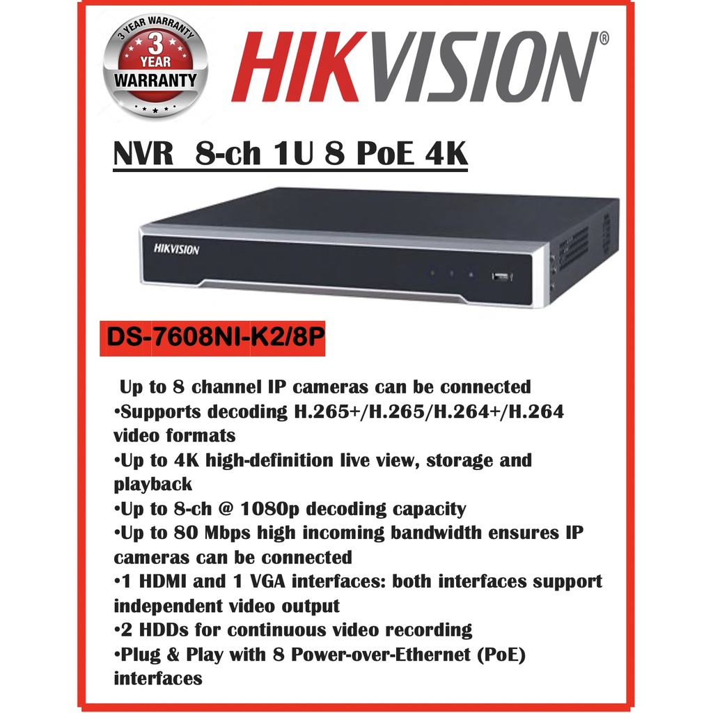 NVR HIKVISION 8CH รุ่น DS-7608NI-K2/8P NVR  8-ch 1U 8 PoE 4K มีPOE 8 PORT ของดี ของแท้ 100% รับประกั