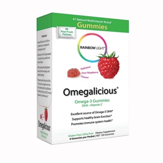 💥pre order💥🇺🇸 Rainbow Light Omegalicious, Omega-3 Gummies, Sour Raspberry, 30 Packets, 4 Gummies Each