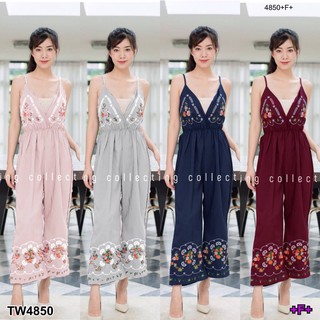 ชุดจั๊มสูท TW4850 Jumpsuit จั้มสูทสายเดี่ยวแวกอกปักลายดอก