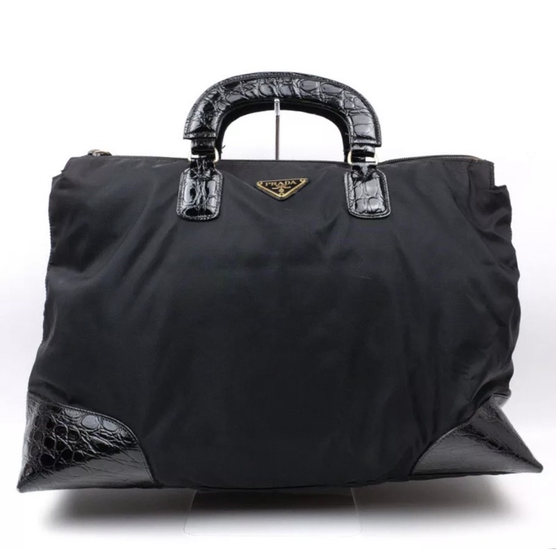 Prada nylon embossed leather logo black bag