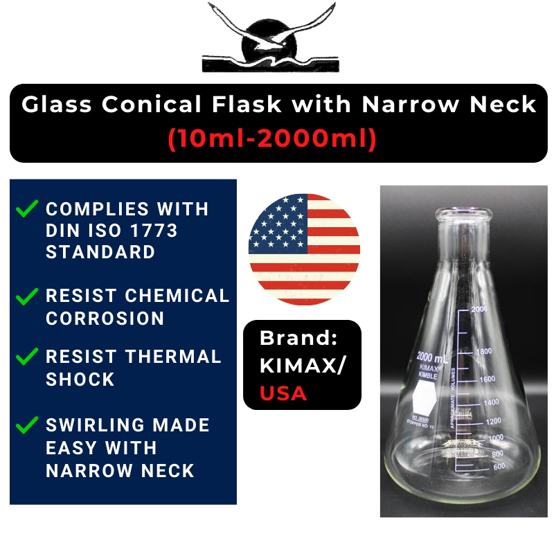 KIMAX/USA Generic Conical/Erlenmeyer Flask แก้ว Borosilicate คอแคบพร้อม (10ml ถึง 2L)