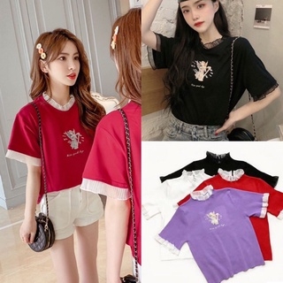 เสื้อเชิ้ตแขนยาว 🍍ส่งไวจากไทย🍍AL-CF-304 เสื้อไหมพรม​แขนสั้น คอเต่าแต่งขอบระบาย ลาย angle