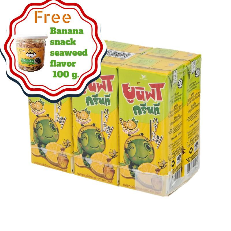 UNIF GREEN TEA HONEY LEMON250ML*6 แถมฟรีBanana family Banana snack seaweed flavor 100 g.