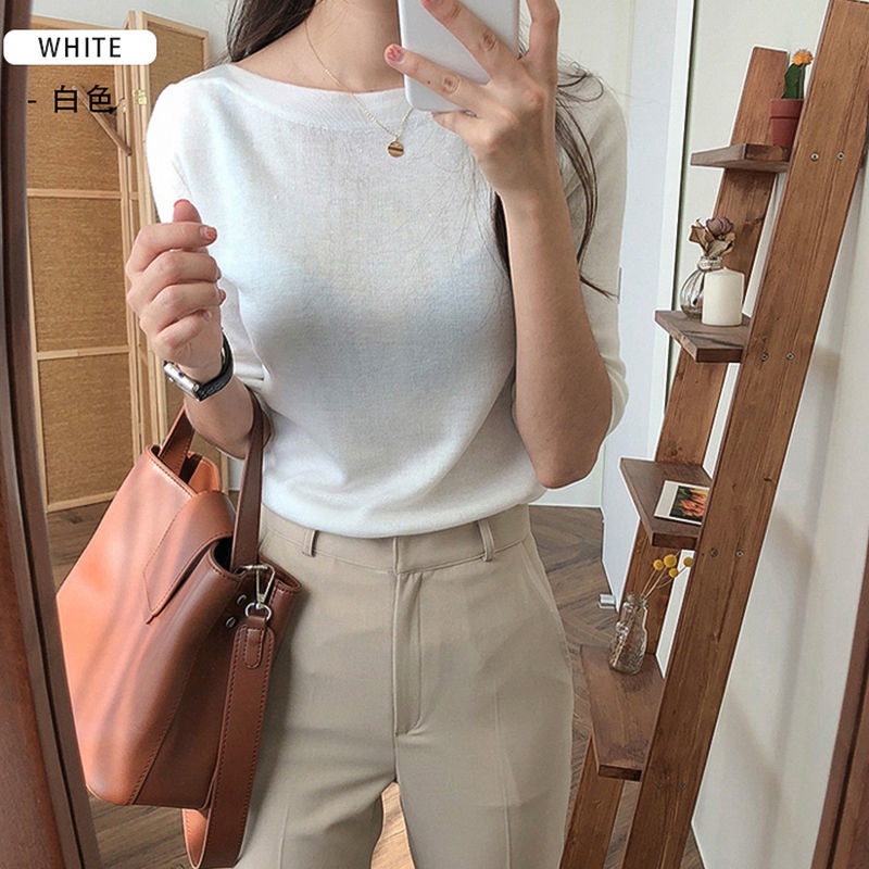 เสื้อยืดแขนสั้นผ้าไหมน้ำแข็งผู้หญิงทรงเข้ารูปและแขนกลางอเนกประสงค์ ...