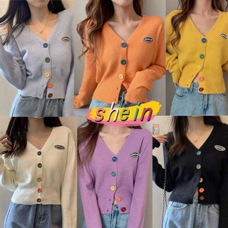 Shein 🔥 เสื้อไหมพรม​คอวี cardigan เสื้อคลุมแขนยาว เสื้อคาร์ดิแกน เสื้อคุมแฟชั่น เสื้อคลุม กระดุม​หลากสีถอดได้จริง k101