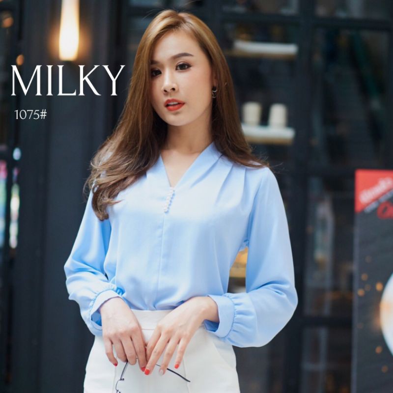 Hit_cod เลดี้แฟชั่นหญิงยอดนิยมสีที่บริสุทธิ์แขนยาวคอวีเสื้อเชิ้ตเสื้อ