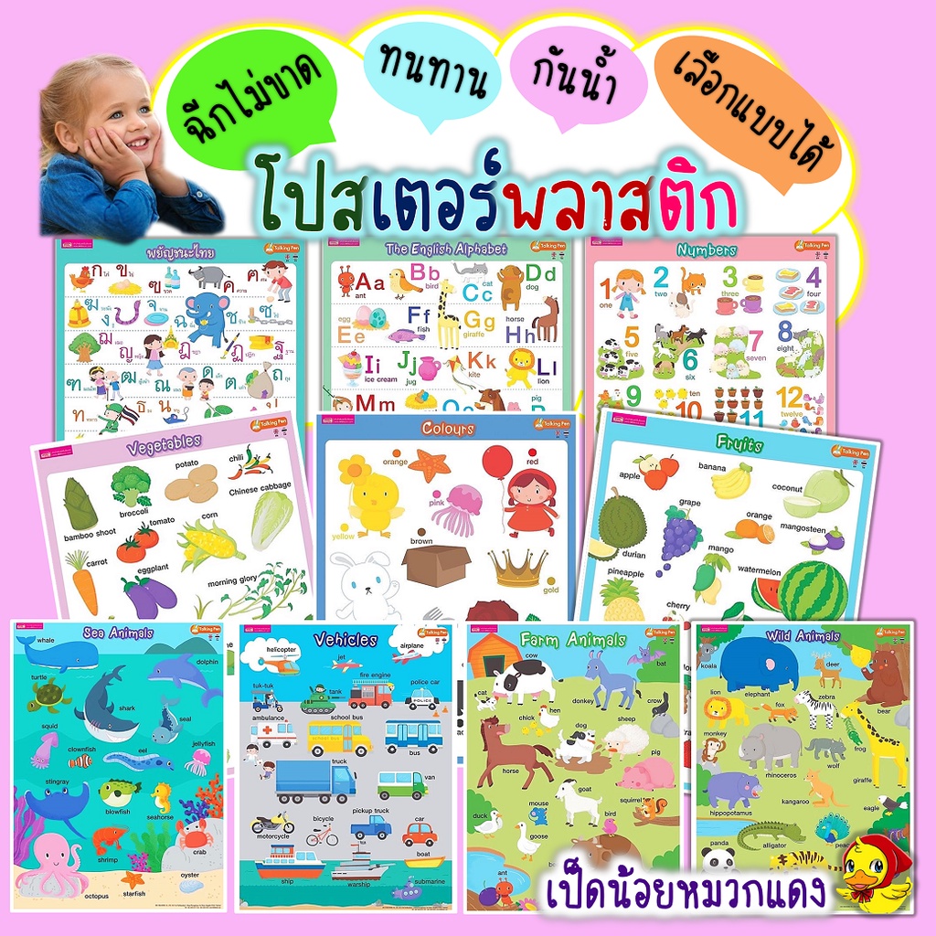 โปสเตอร์พลาสติกศัพท์พื้นฐานเด็กเล็ก💝 กันน้ำ ทนทาน ไม่ขาดง่าย โปสเตอร์เด็ก เสริมพัฒนาการเด็ก